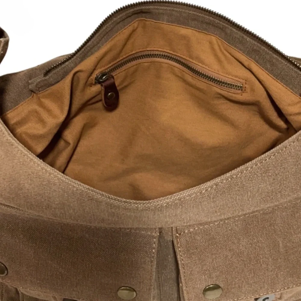 LUXUR Large Brown Canvas Messenger Bag Leather Straps